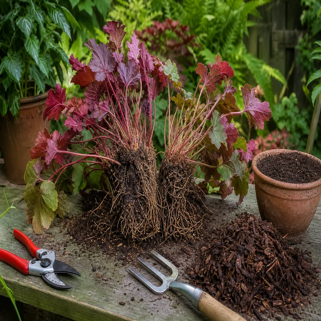 Coral bells maintenance with divided heuchera clump, pruning shears, garden fork, compost, and mulch