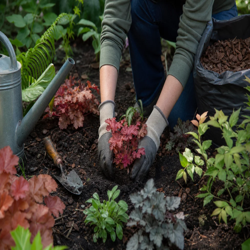 Planting coral bells in a partly shaded garden bed with trowel, gloves, compost, mulch, and watering can