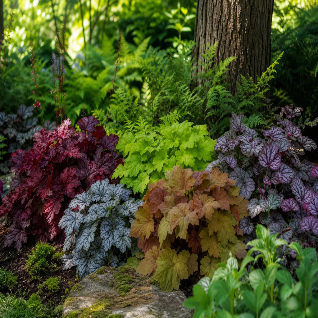 Coral bells plants with burgundy, lime green, caramel, silver, and purple foliage in a shaded garden border