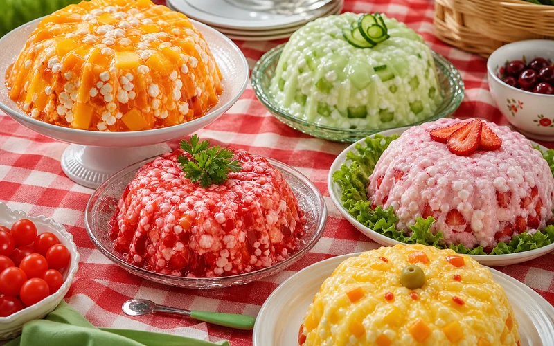 Colorful retro cottage cheese jello salads arranged on a picnic blanket for a summer potluck