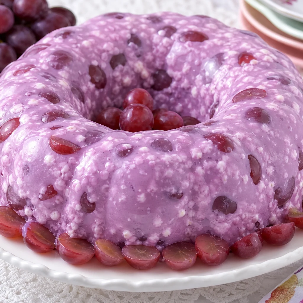 Purple grape cottage cheese jello ring salad with halved grapes on a white platter