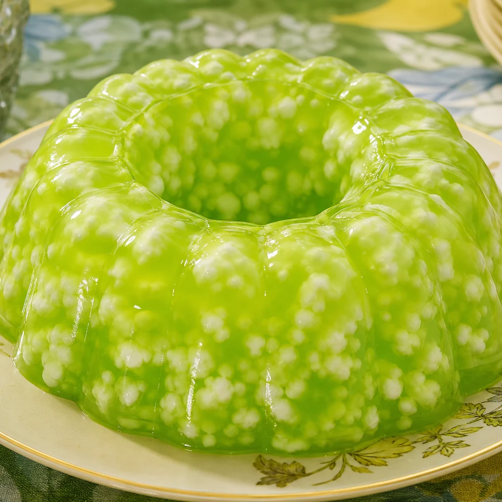 Lime green cottage cheese jello ring mold on a vintage serving plate