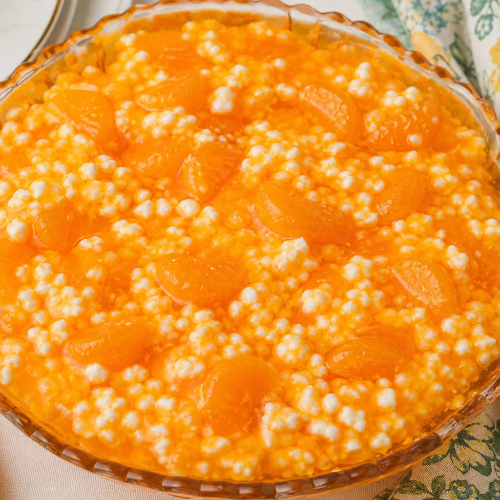 Classic orange cottage cheese jello salad with mandarin segments in a vintage glass bowl