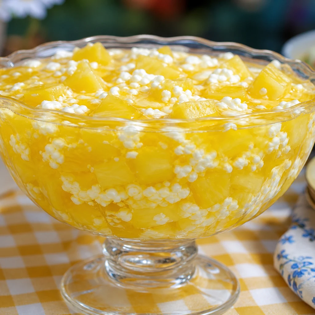 Pineapple cottage cheese jello salad in a clear trifle bowl with golden gelatin