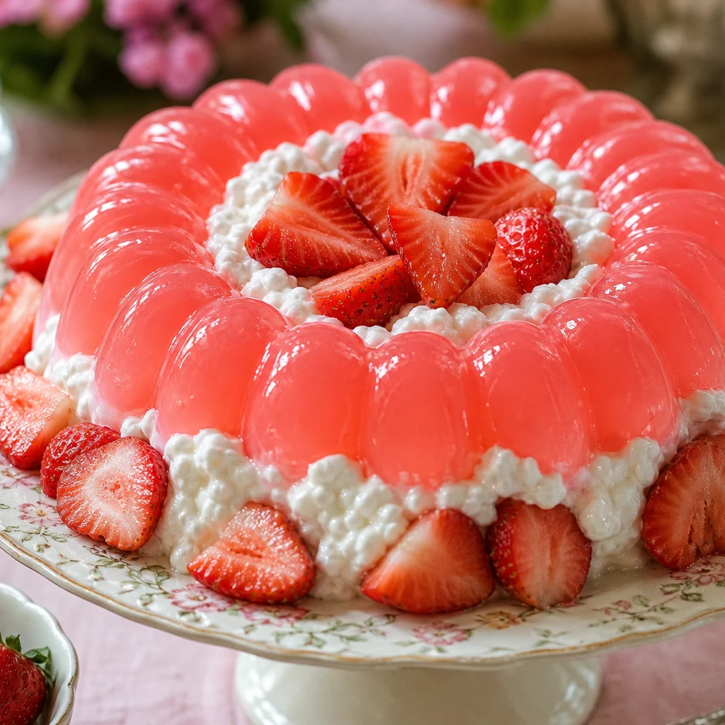 Strawberry cottage cheese jello crown salad on a vintage pedestal plate