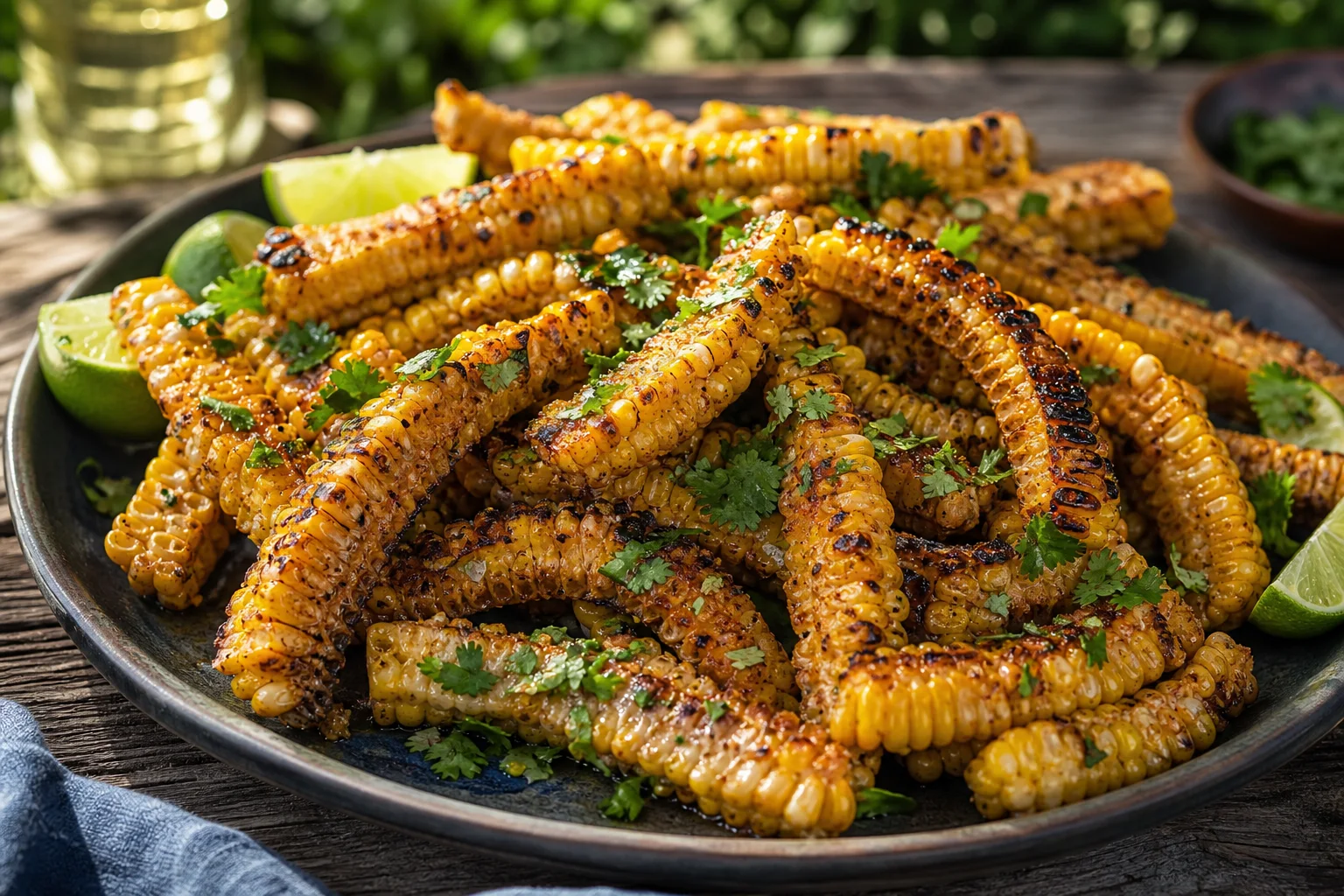Grilled corn ribs on a white platter with charred edges melted butter and fresh cilantro at a summer BBQ