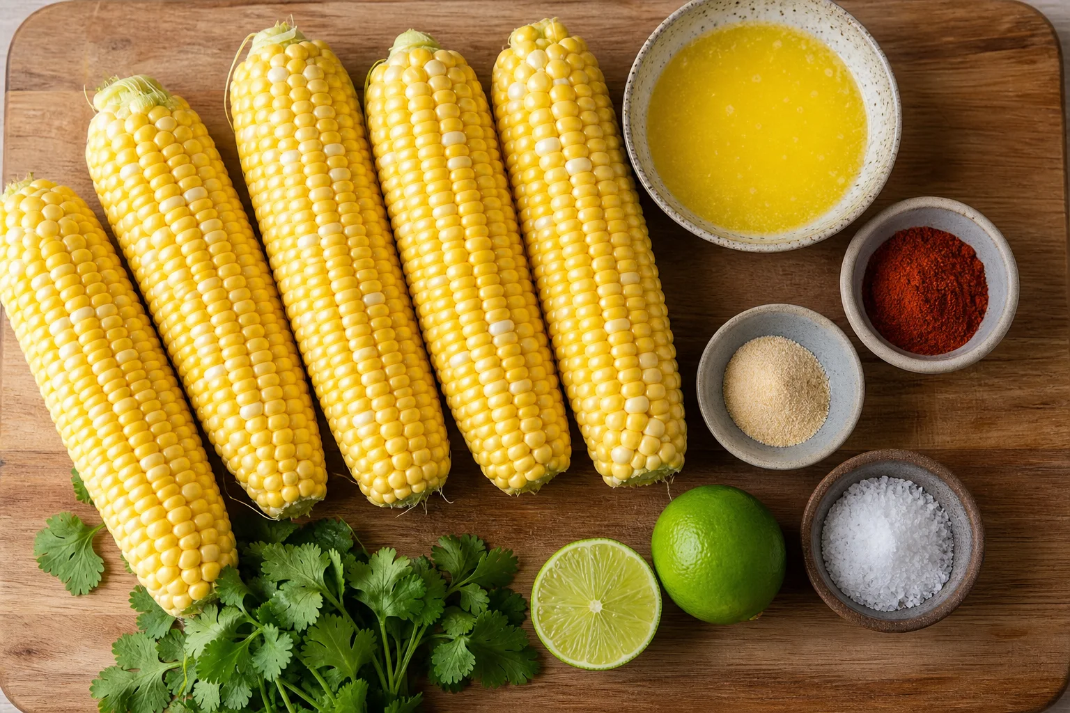 Corn ribs ingredients including fresh corn on the cob butter paprika garlic powder lime and cilantro