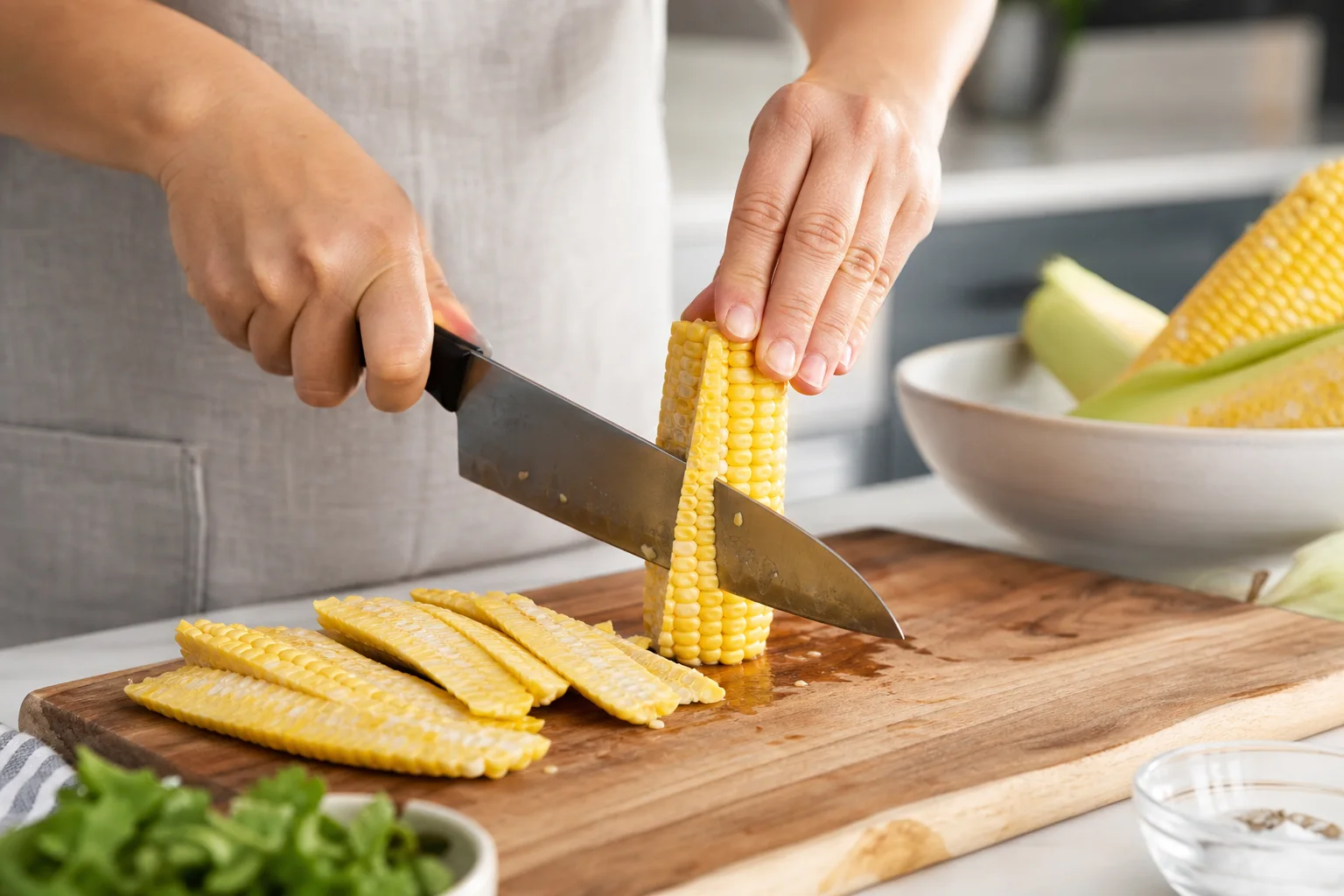 Fresh corn on the cob being quartered lengthwise into corn rib strips on a wooden cutting board