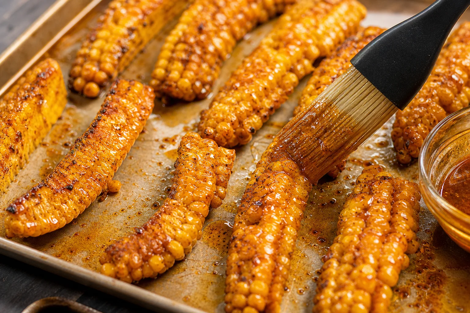 Corn rib strips brushed with spiced butter on a sheet pan ready for the grill
