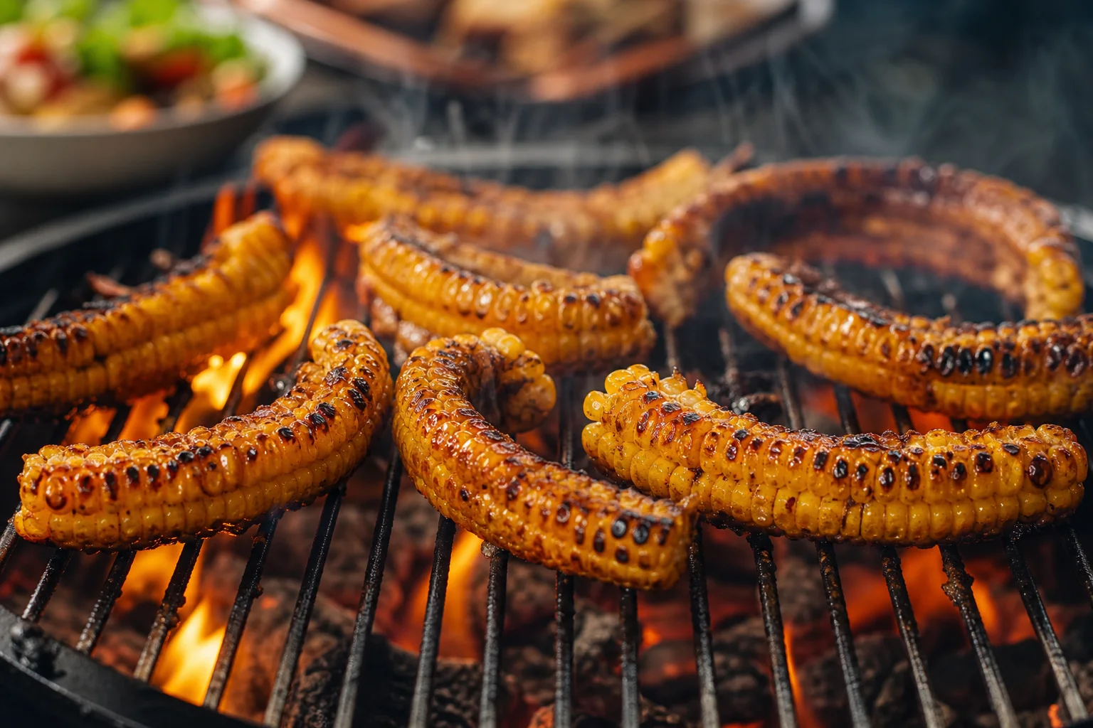 Corn ribs grilling on a charcoal BBQ with visible char marks and curling tips