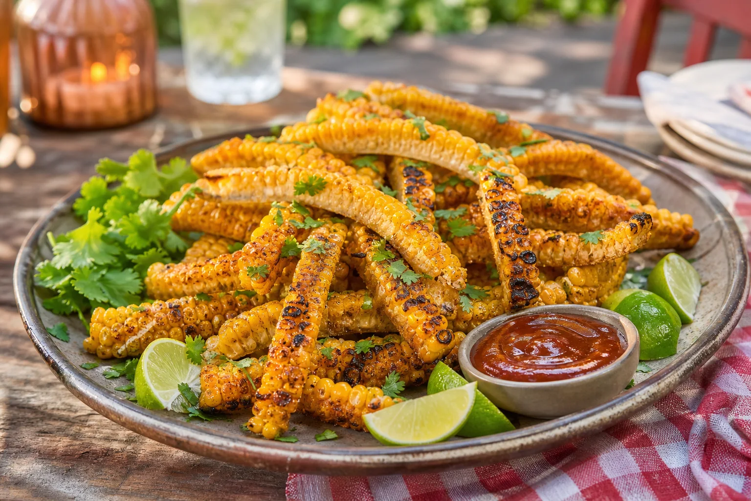 Grilled corn ribs served on a rustic platter with lime wedges cilantro and BBQ sauce at a summer cookout