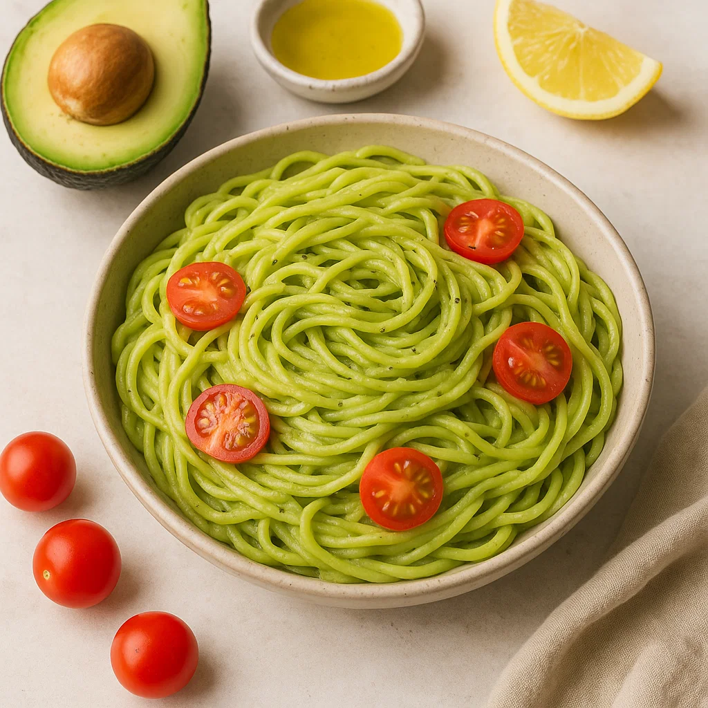 Creamy avocado pasta with cherry tomatoes in a white bowl