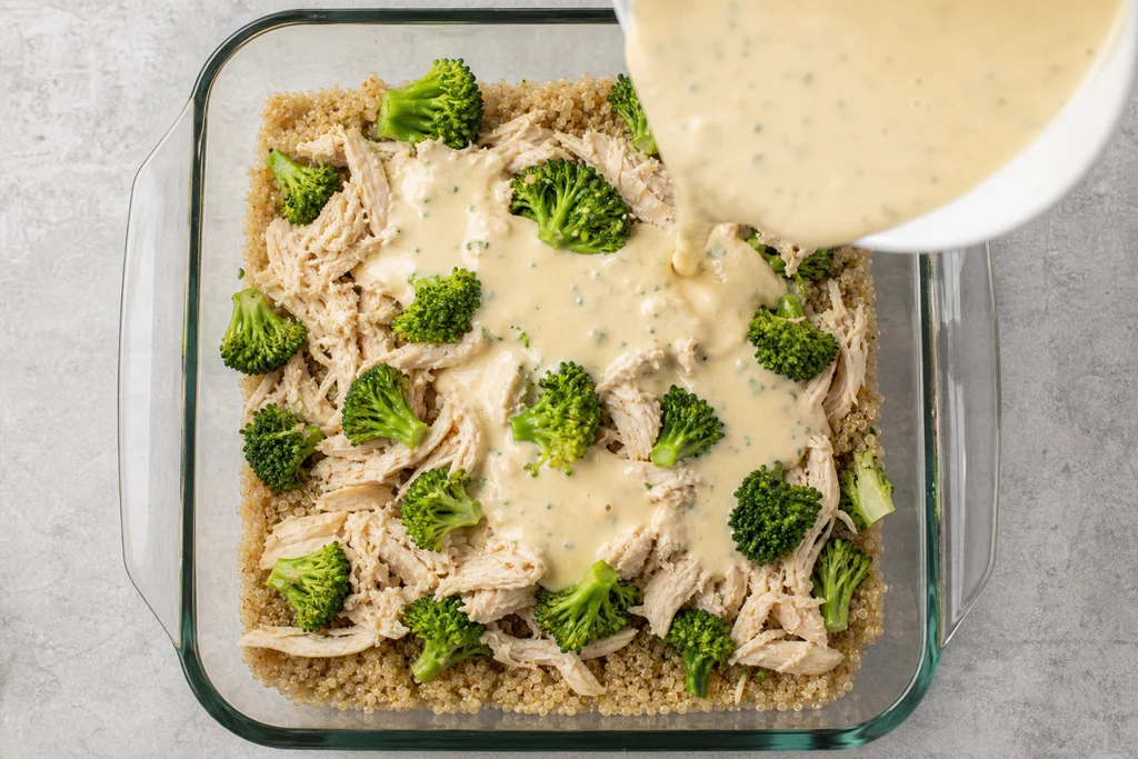 Layering chicken, broccoli, and quinoa in a baking dish with creamy sauce