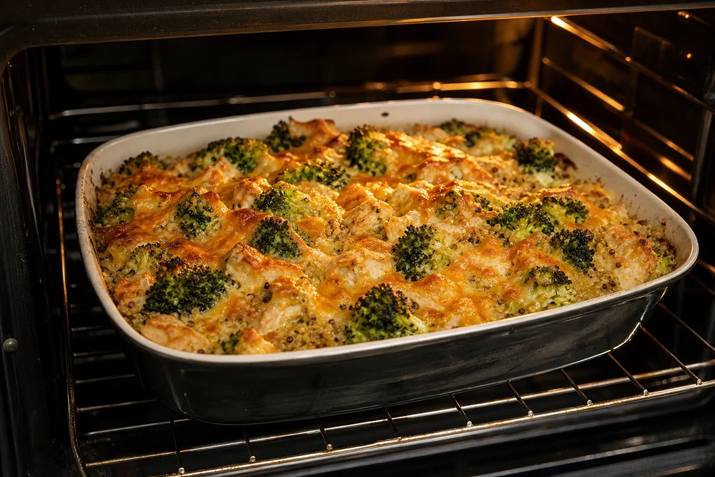 Chicken quinoa broccoli casserole baking with bubbling melted cheese on top