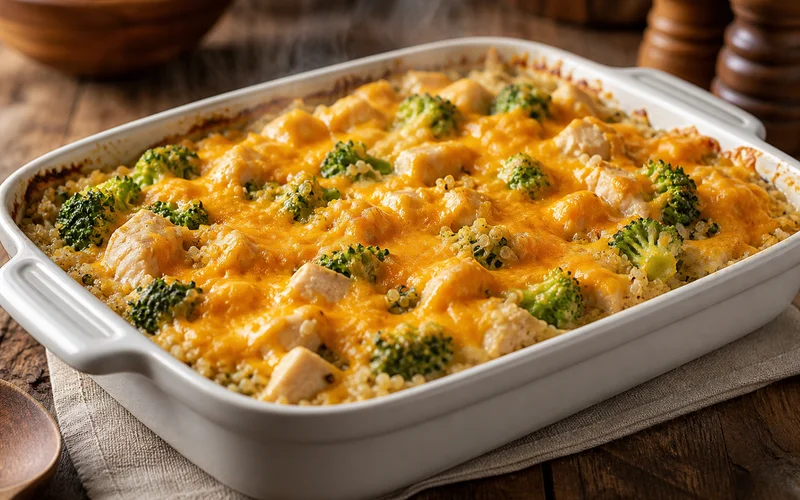 Golden bubbly creamy chicken quinoa and broccoli casserole in a baking dish