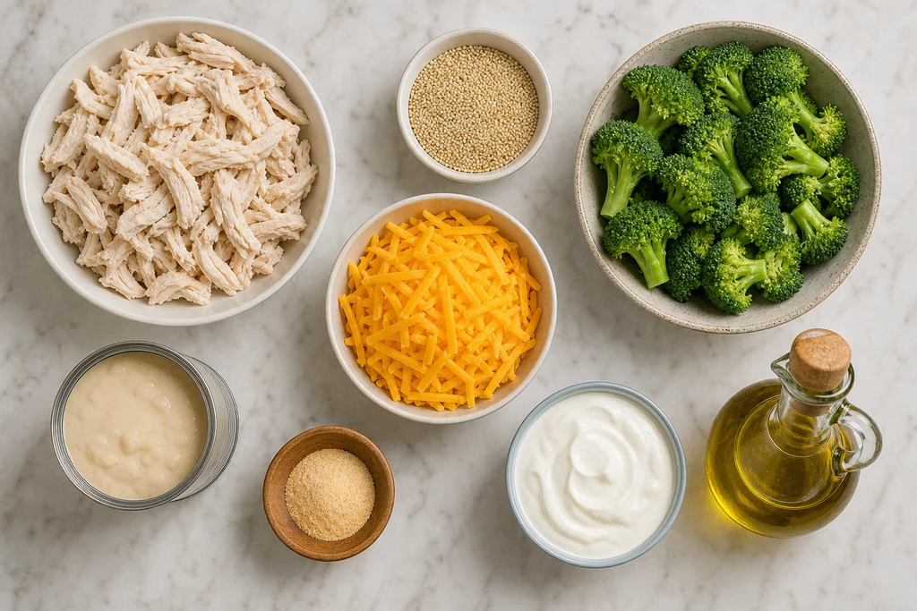 Ingredients for creamy chicken quinoa broccoli casserole including chicken, quinoa, broccoli, and cheddar