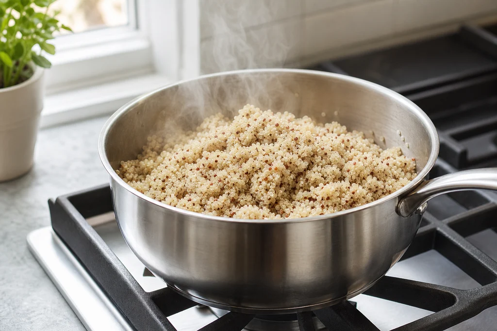 Fluffy quinoa simmering in a saucepan for broccoli casserole