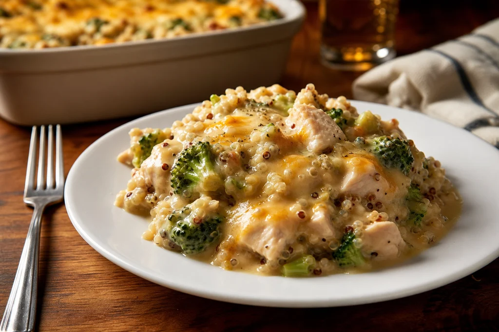 Creamy cheesy chicken quinoa broccoli casserole served on a dinner plate