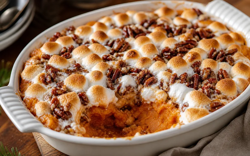 Creamy sweet potato casserole with toasted marshmallows and candied pecan topping in a baking dish