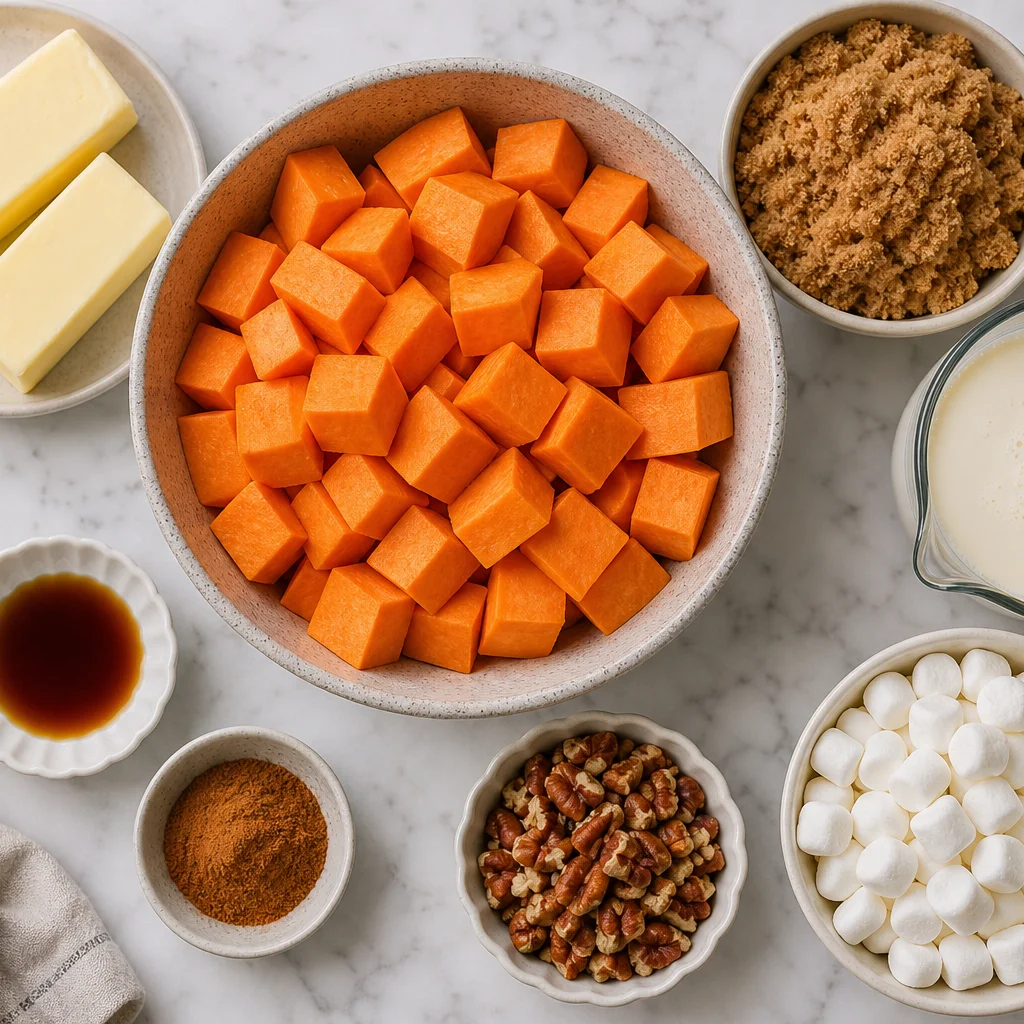 Ingredients for creamy sweet potato casserole including sweet potatoes butter brown sugar cream pecans and marshmallows