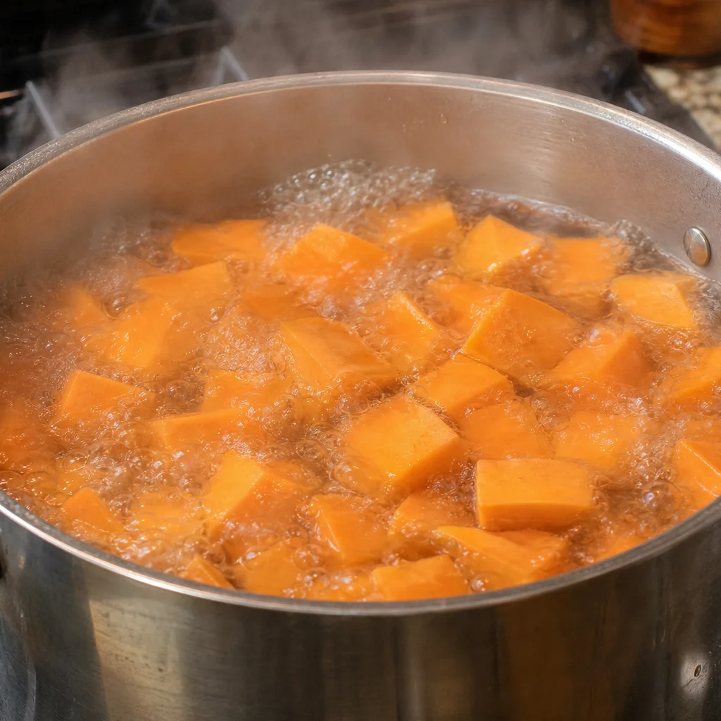 Step 2 boiling peeled sweet potato cubes until tender in a large pot