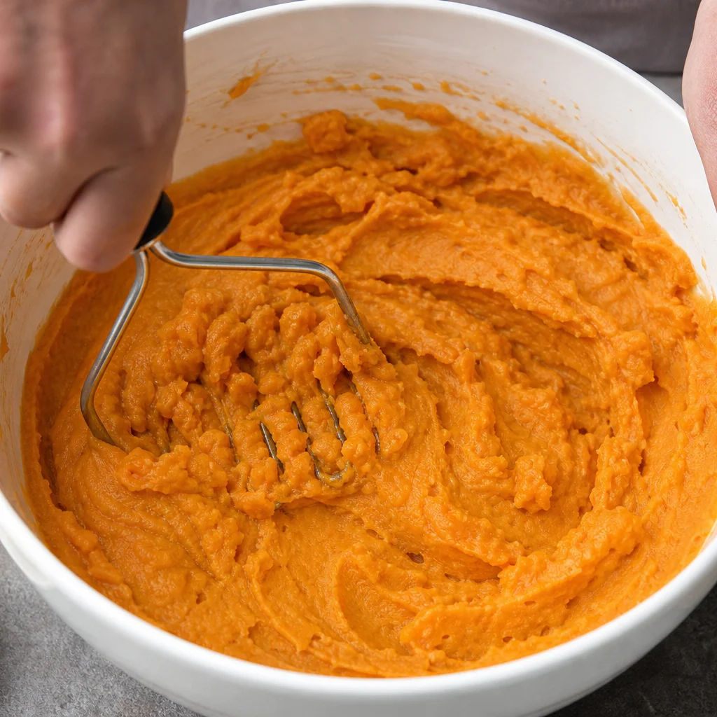 Step 3 mashing sweet potatoes with butter brown sugar heavy cream vanilla and cinnamon