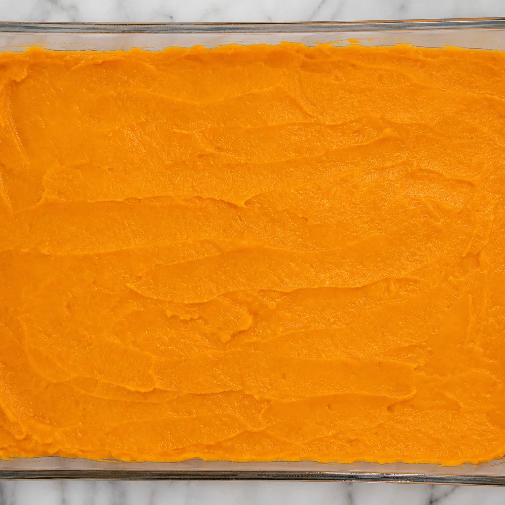 Step 4 spreading creamy sweet potato mixture into a greased 9 by 13 inch baking dish
