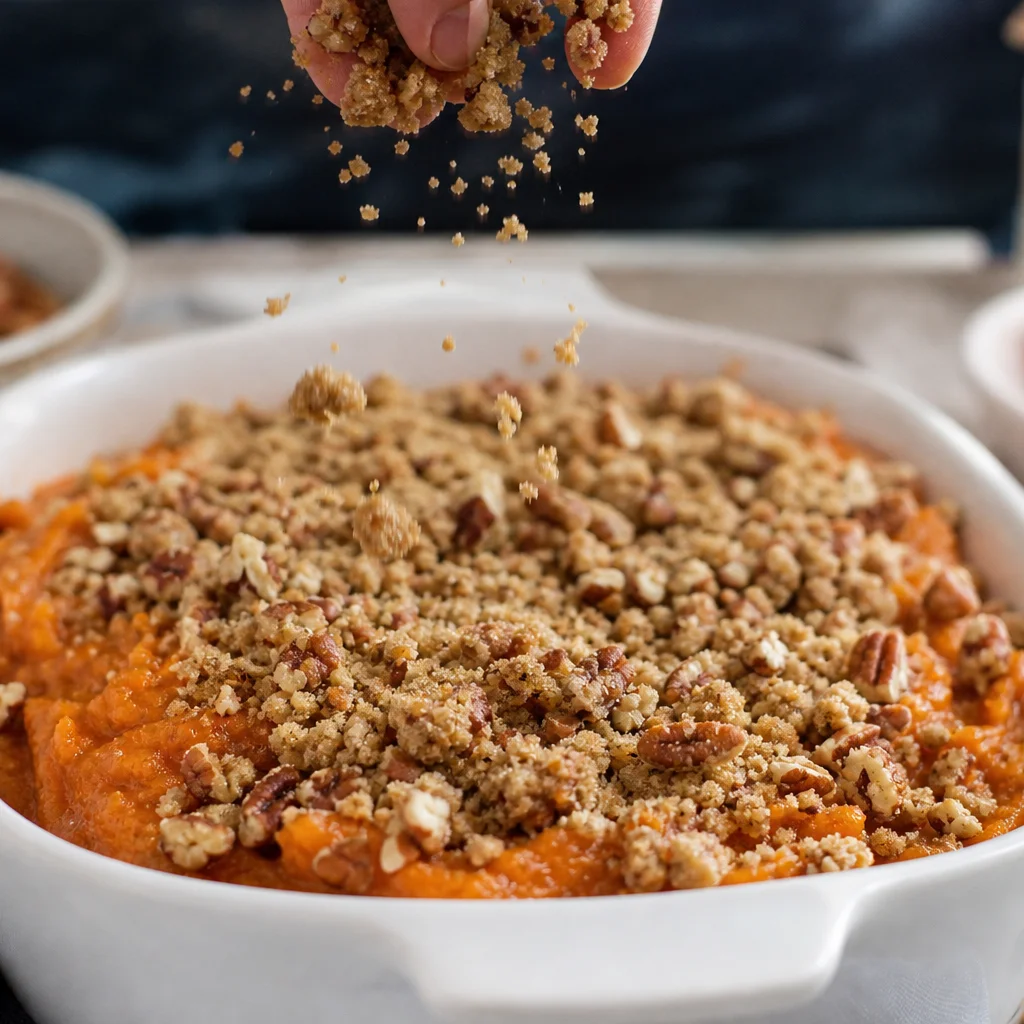 Step 5 sprinkling candied pecan crumble topping over the sweet potato layer