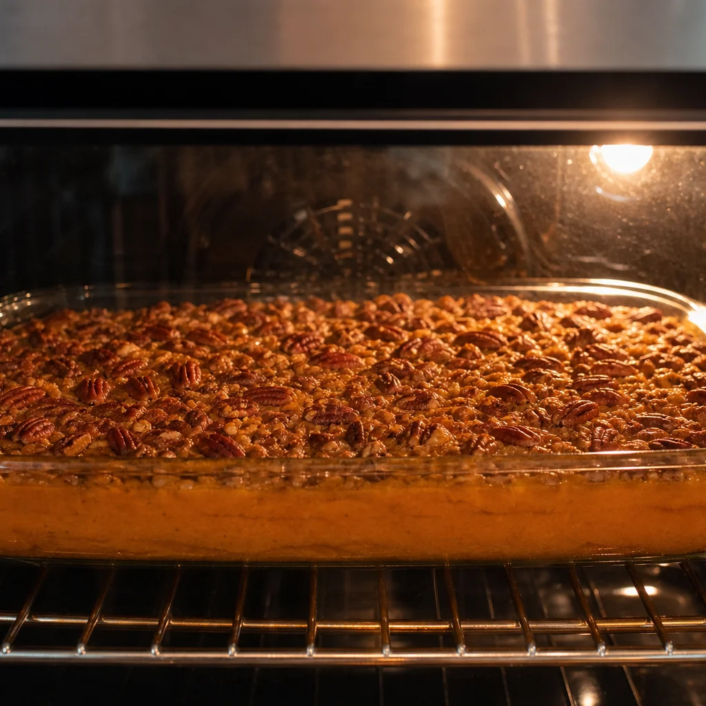 Step 6 baking sweet potato casserole with pecan topping in the oven