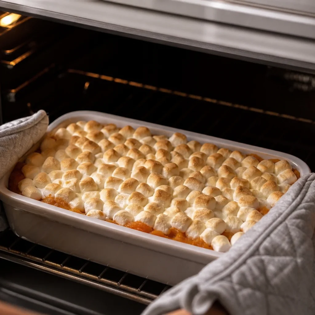 Step 7 topping baked casserole with mini marshmallows before final bake