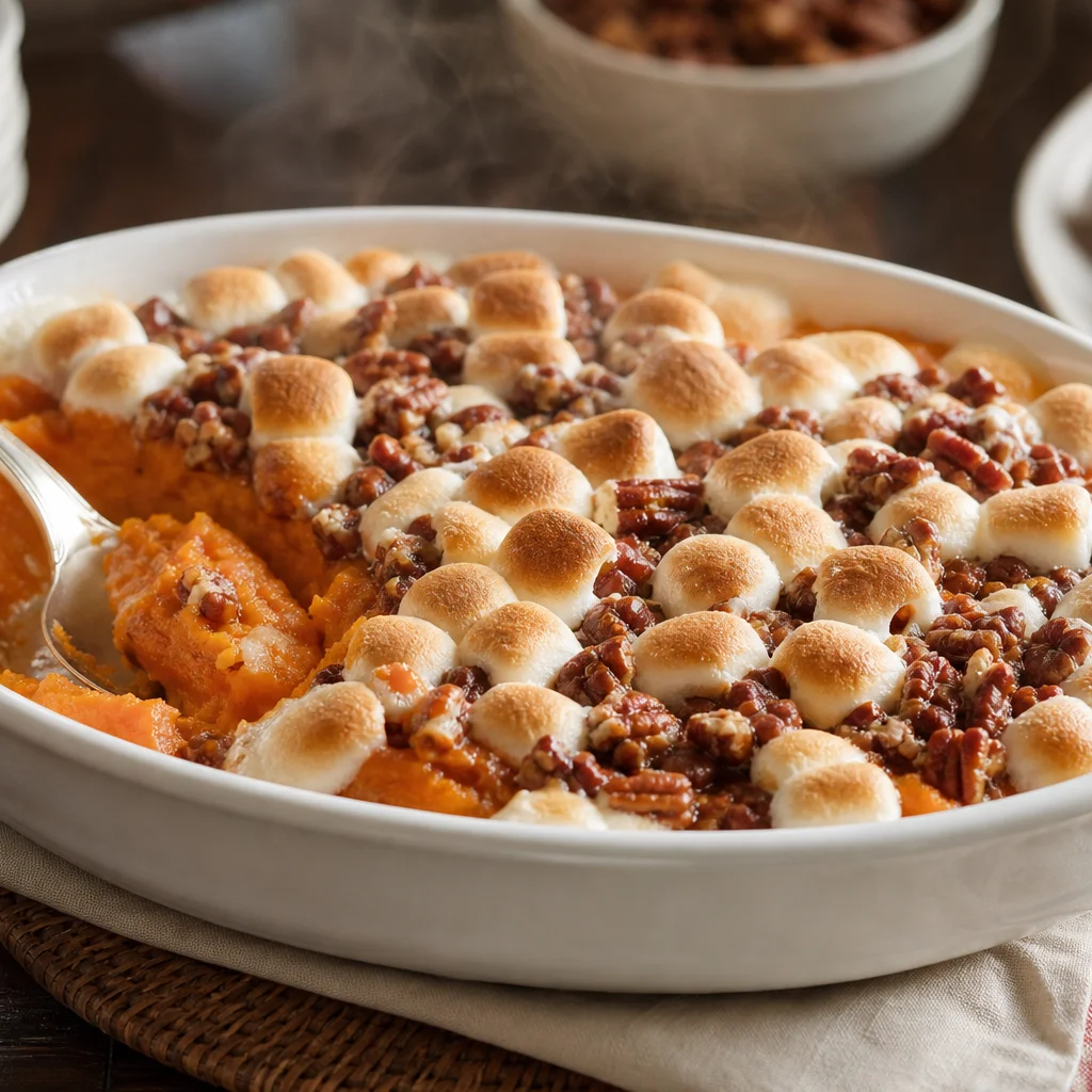 Finished creamy sweet potato casserole with golden toasted marshmallows ready to serve