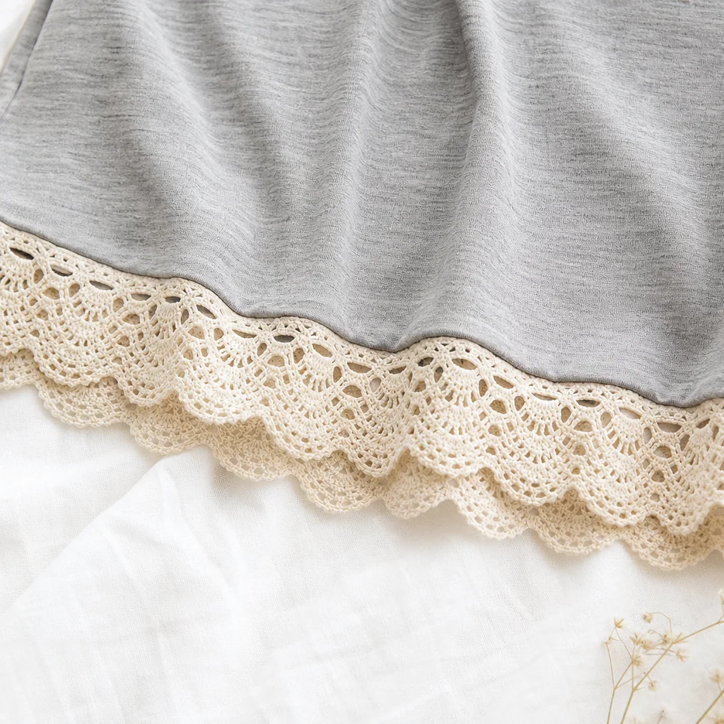Finished t-shirt hem with cream crochet trim seam detail