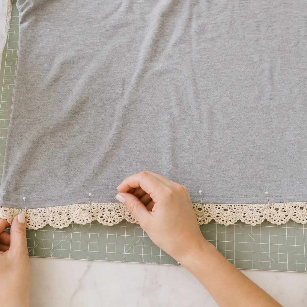 Pinning crochet lace trim to t-shirt hem before sewing