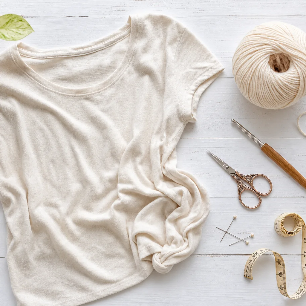 Crochet trim shirt upcycle supplies including yarn crochet hook scissors and cotton t-shirt