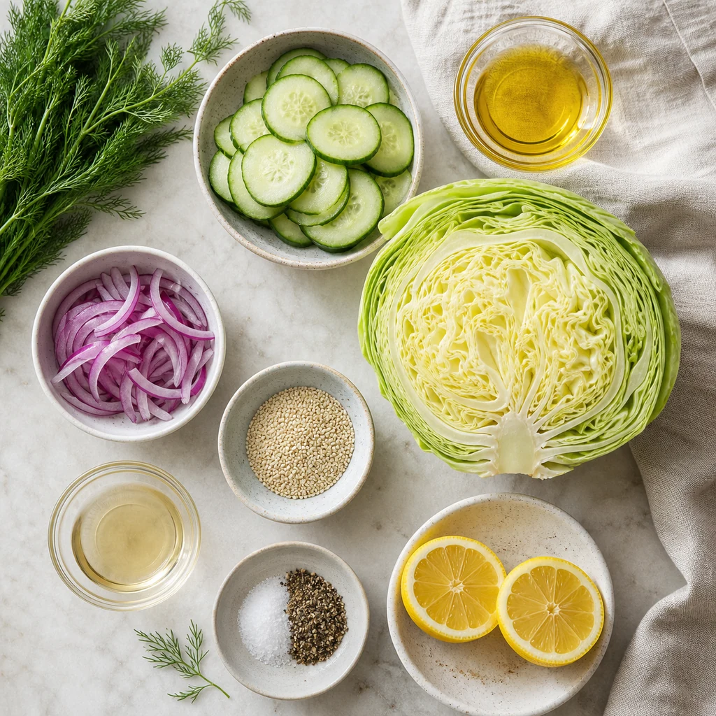Ingredients for cabbage cucumber salad with cabbage cucumber dill lemon and sesame