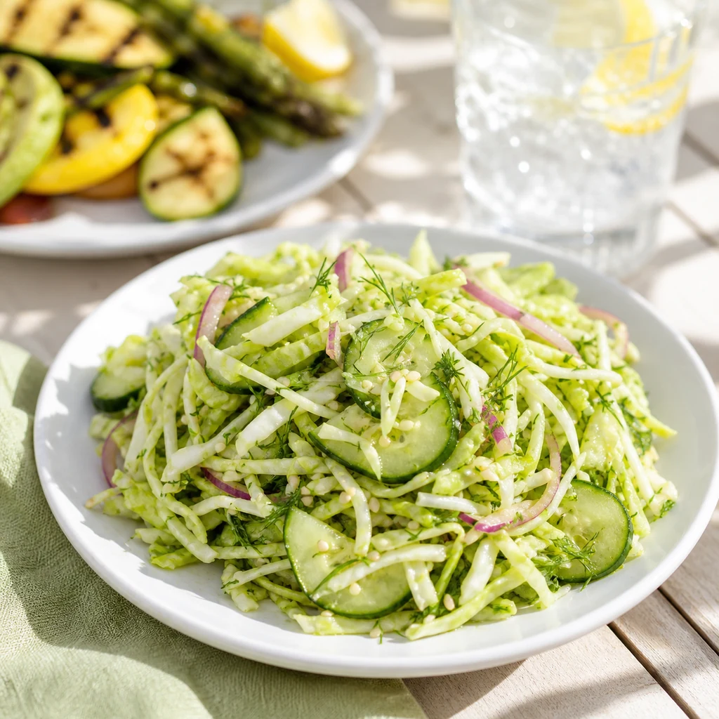 Serving plate of crunchy cabbage cucumber salad for a summer meal