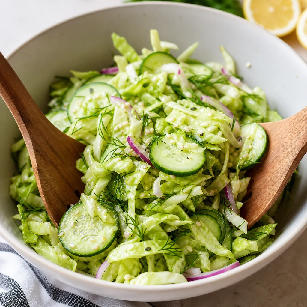 Cabbage cucumber salad being tossed with lemon dressing