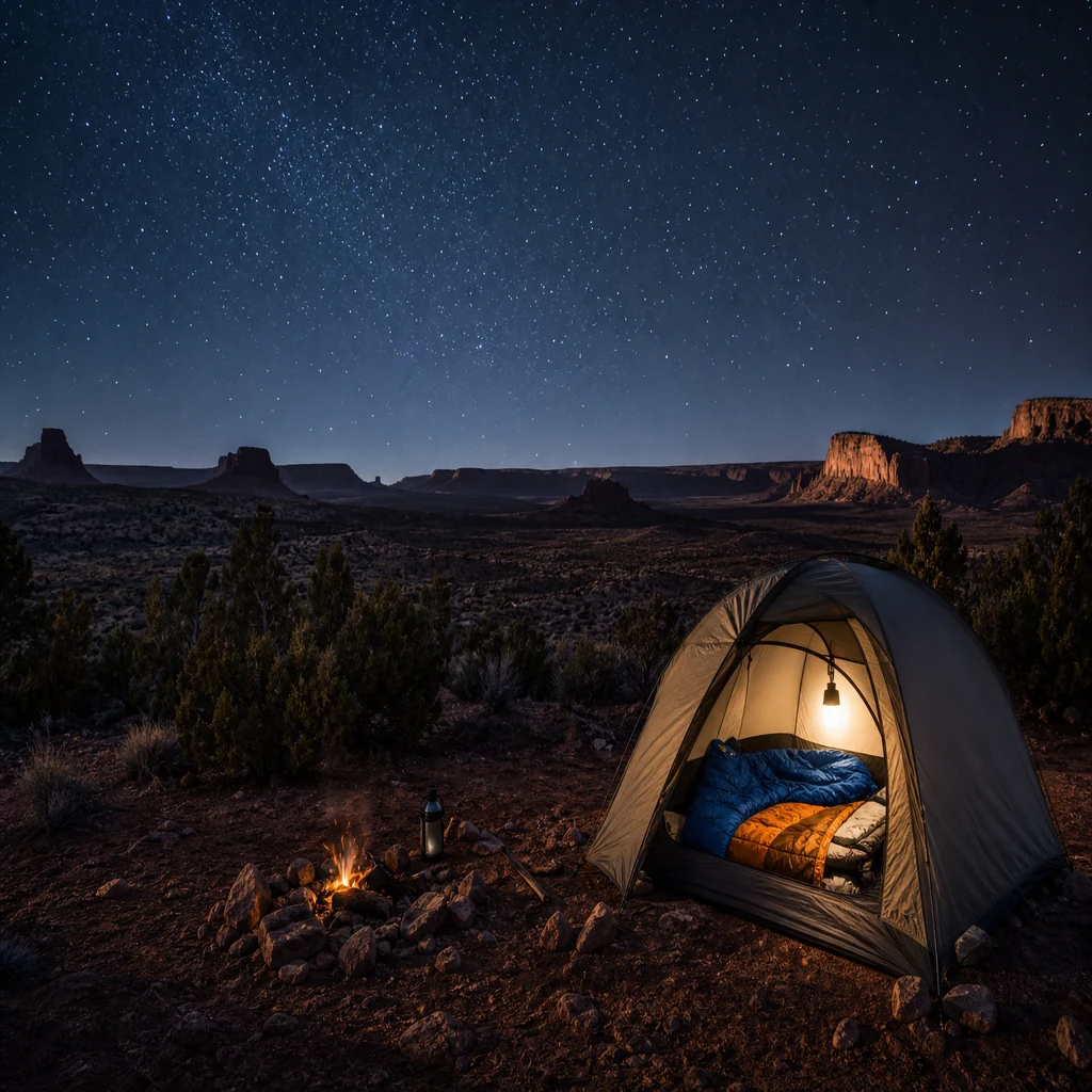 Desert camping tent at night with lantern light, warm layers, and starry sky