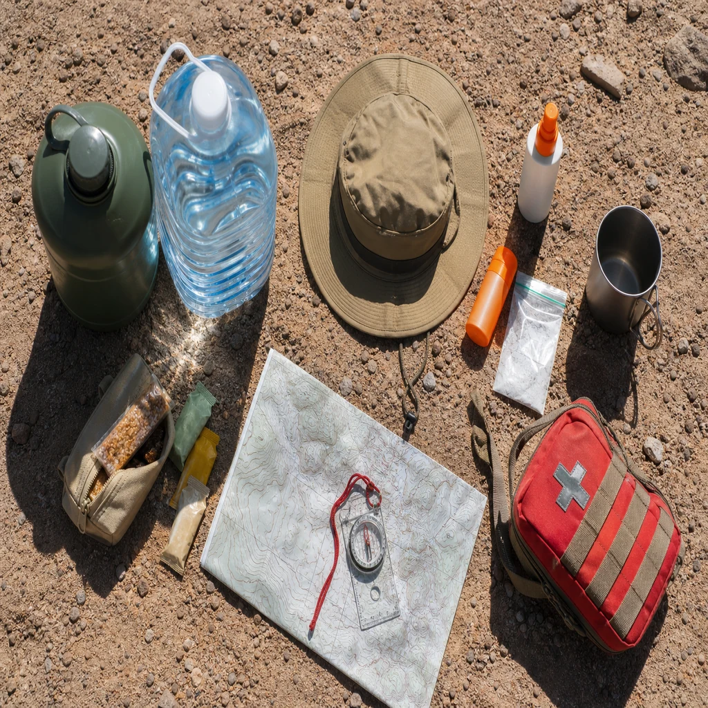 Desert camping essentials including water containers, sun protection, map, and first aid kit