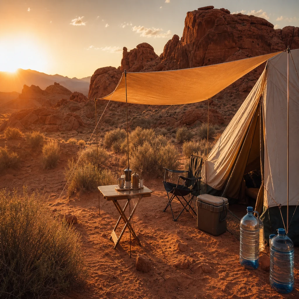 Desert camping setup with tent, shade tarp, and water containers at golden hour