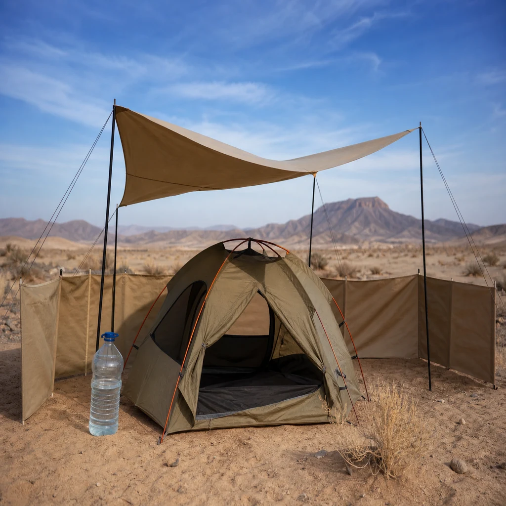 Desert campsite arranged for wind protection with secured tent, shade canopy, and stakes