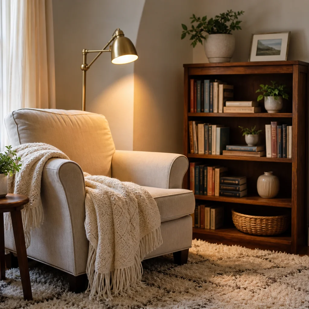 Cozy DIY reading nook with armchair, floor lamp, bookshelf, and soft throw blanket