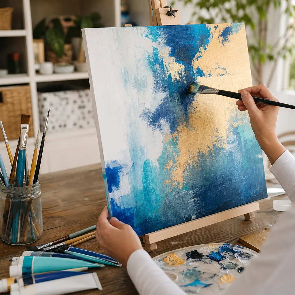 Hands painting abstract blue and gold strokes on a DIY canvas art project at home