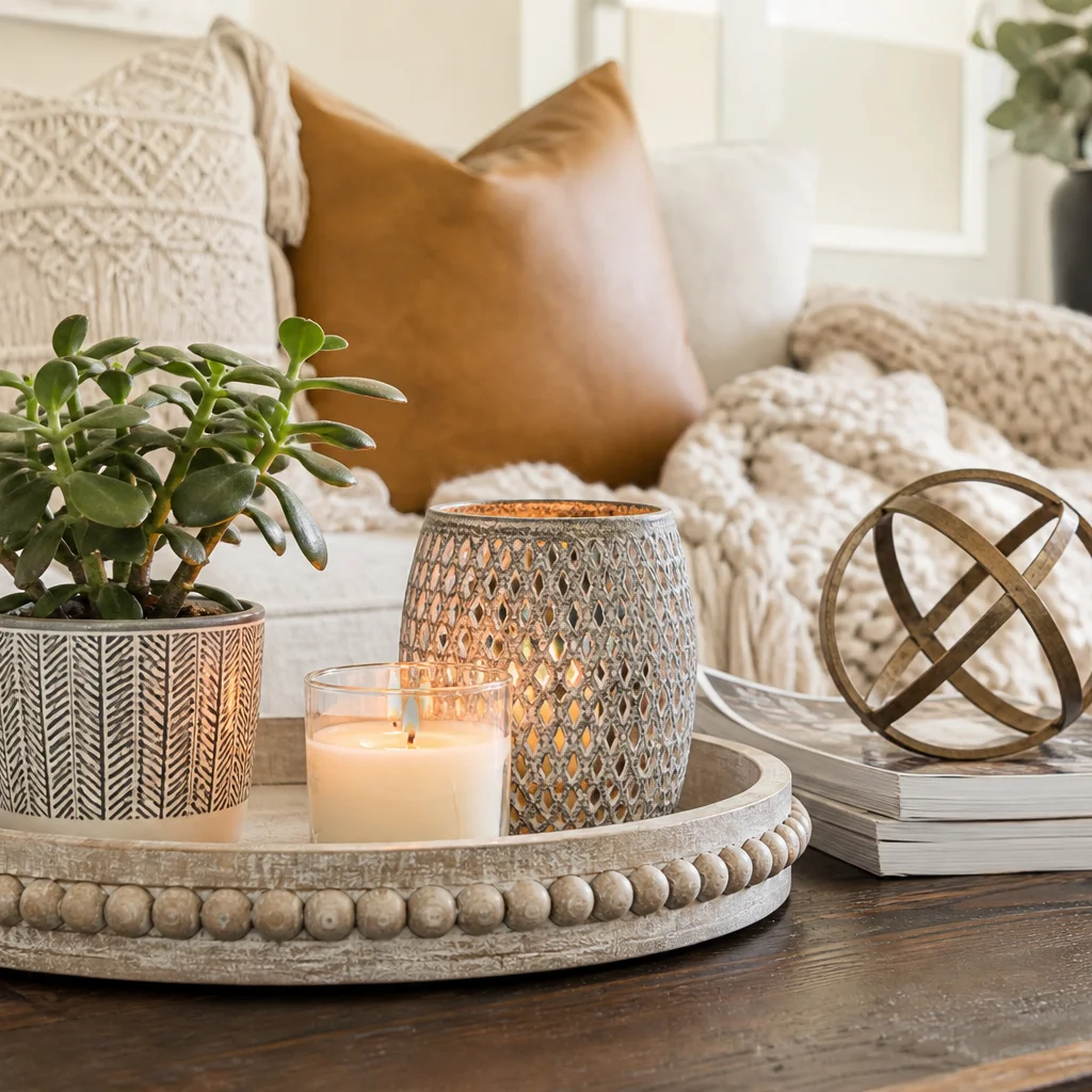 Hand-styled coffee table vignette with tray, candles, books, and a small potted succulent