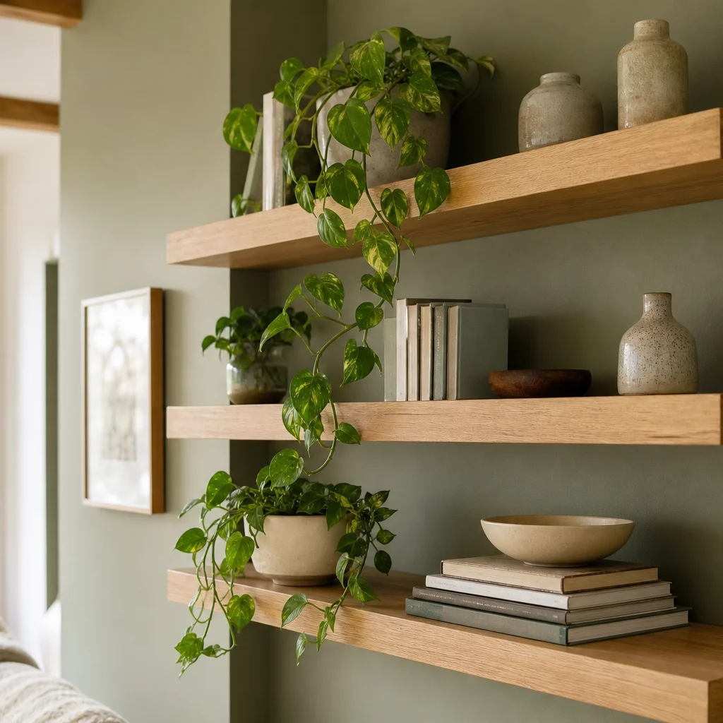 DIY floating wooden shelves styled with plants, books, and ceramic vases on a sage green wall