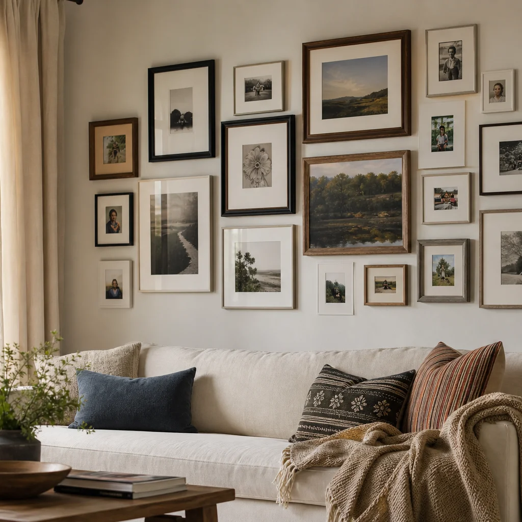 Gallery wall with mixed frames, art prints, and personal photos arranged on a living room wall