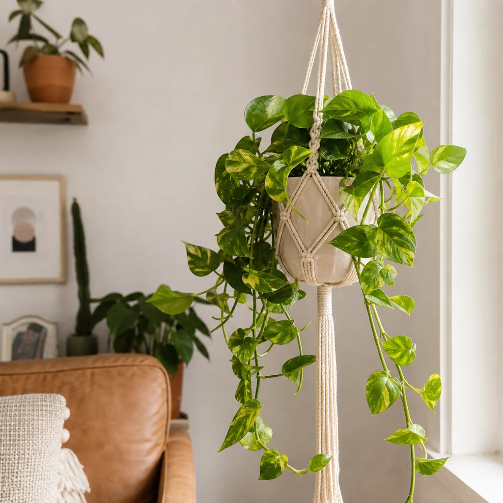 Handmade macrame plant hanger with trailing pothos near a sunny window