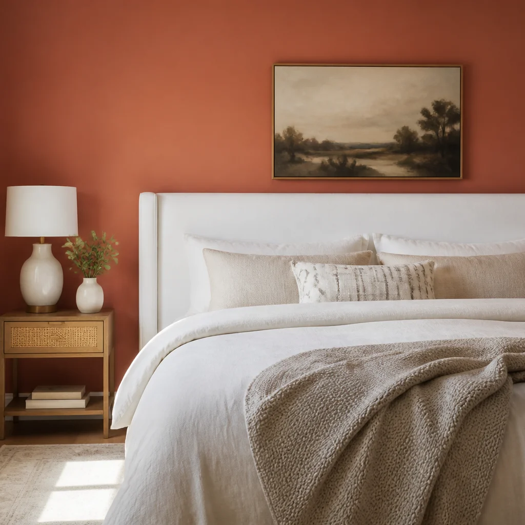 Bedroom with a terracotta accent wall behind a white bed for a bold DIY color update