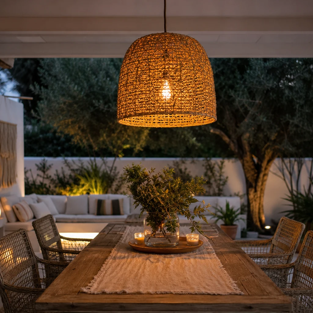 Basket Pendant Light Over Seating - DIY outdoor patio lighting project