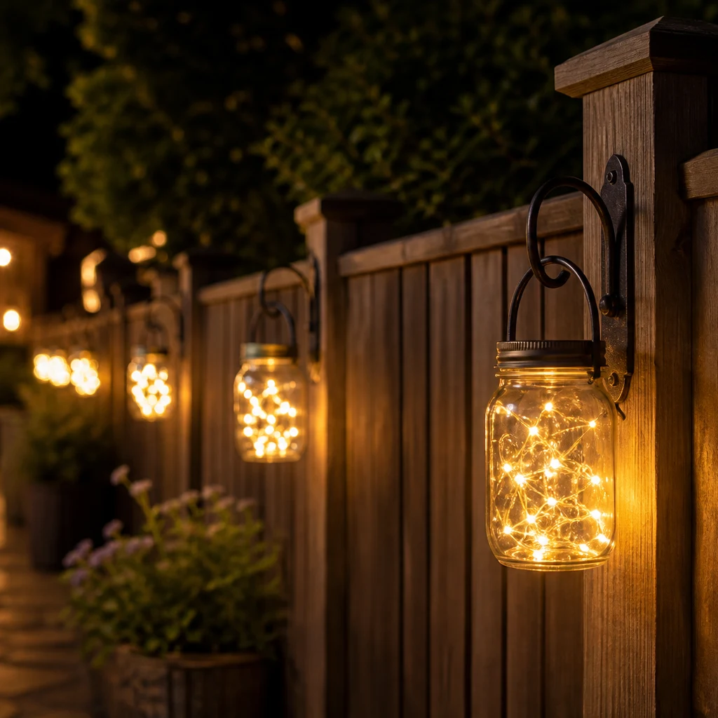 Mason Jar Lanterns on Fence Posts - DIY outdoor patio lighting project